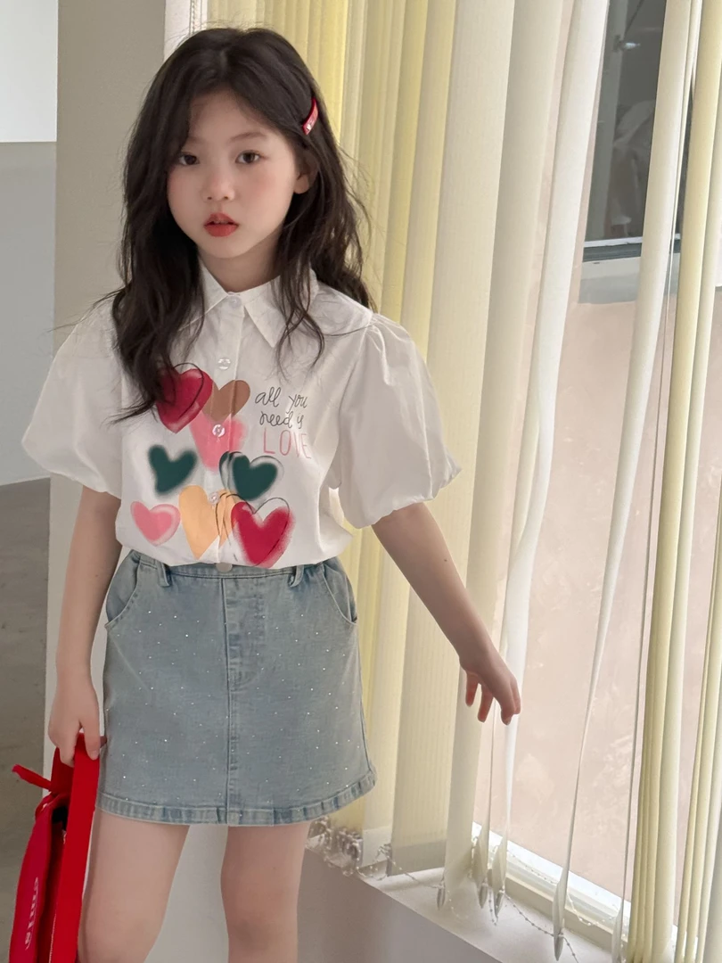 童装2025夏季新款女童爱心印花泡泡短袖衬衫女孩  甜美牛仔短裙