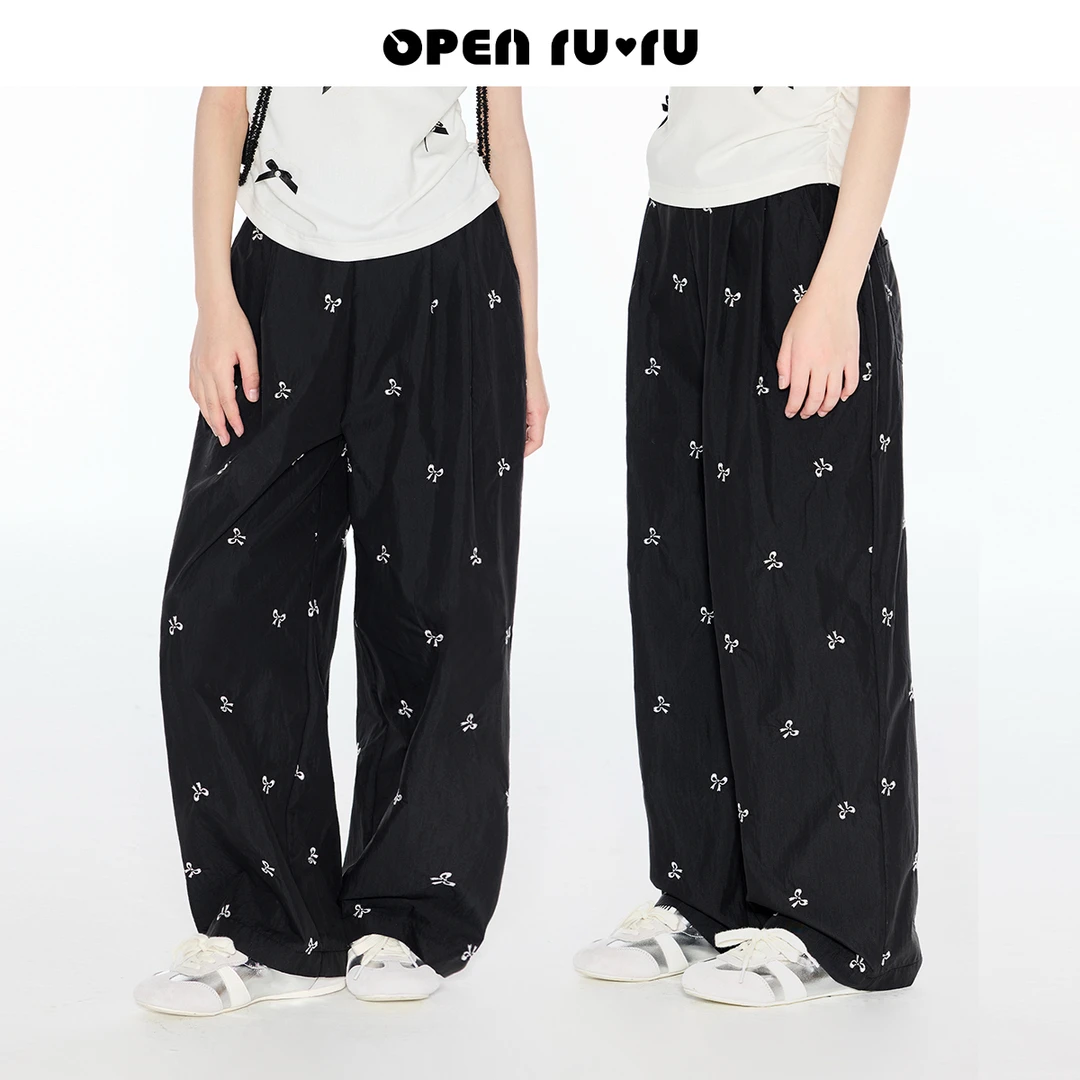 Opennunu女童满绣蝴蝶结阔腿裤夏季中大童设计感休闲百搭薄款长裤