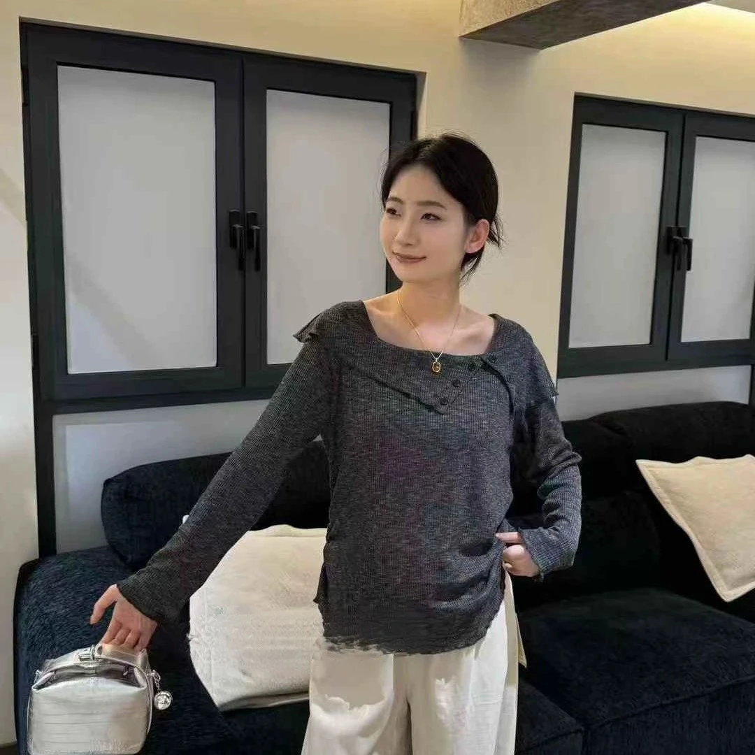 长袖毛衣秋季方领毛针织衫女装黑色慵懒风大码