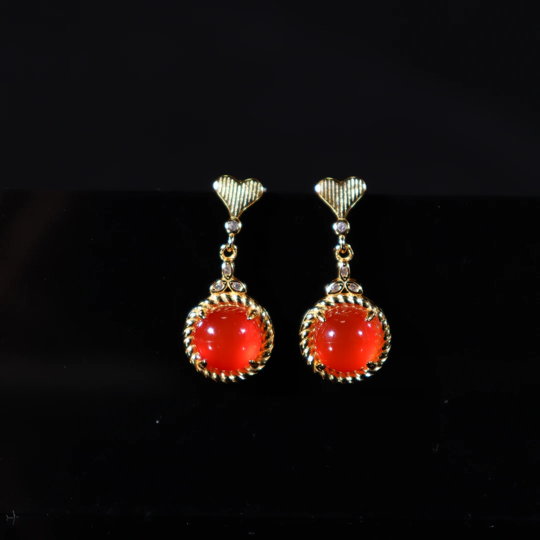 原矿保山南红S925银绕纹朱玉钻灵耳坠（多样性发货，拍一发一）