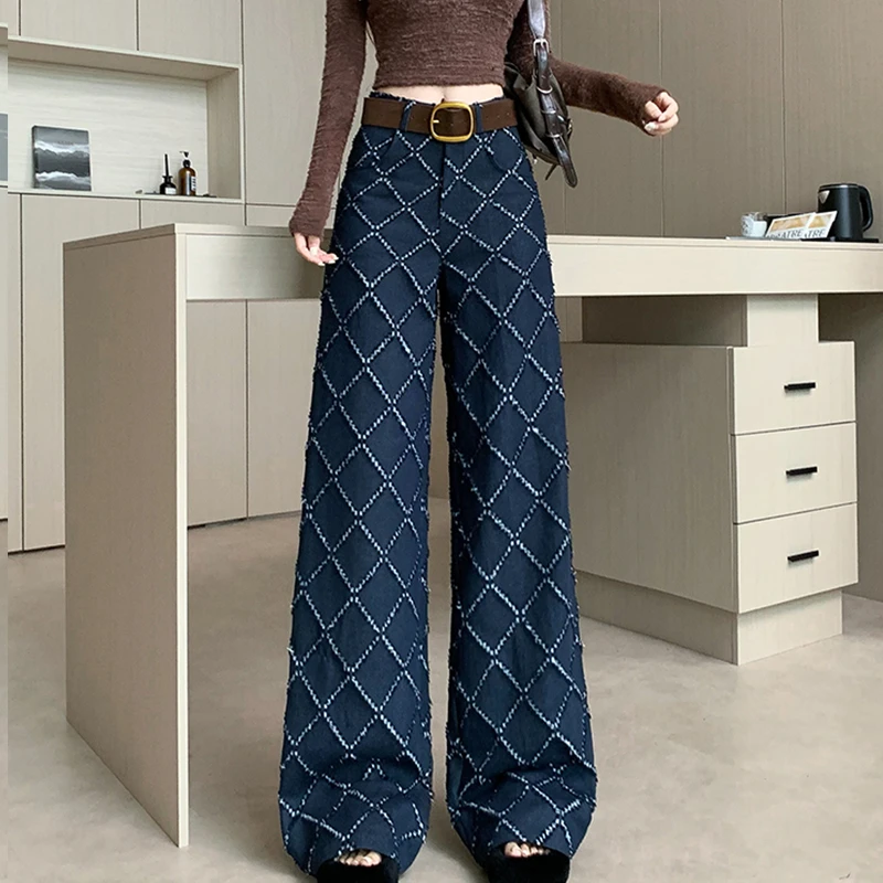 复古磨破提花牛仔裤子女春秋季设计感高腰阔腿裤洋气长裤直筒裤