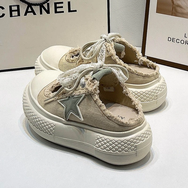 包头半拖鞋女外穿2025夏新款松糕厚底镂空帆布鞋增高大头休闲半拖