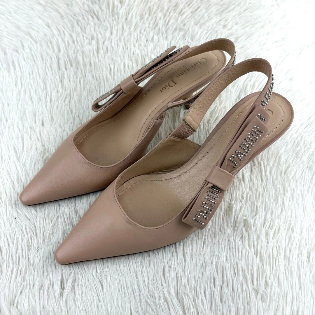 95新 DIOR/迪奥 裸粉色水钻蝴蝶结小猫跟高跟鞋37.5码 咩