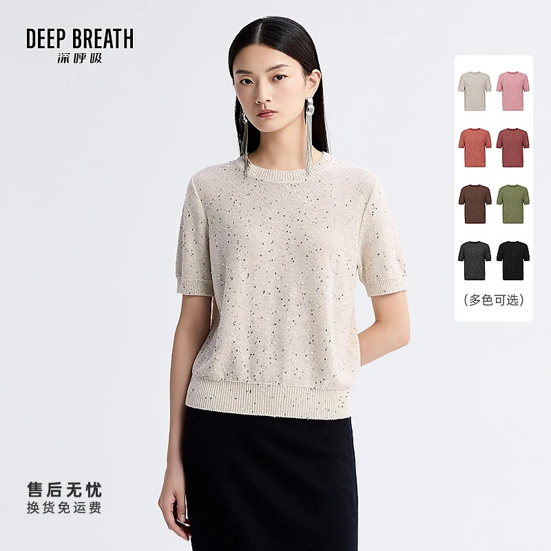 DEEP BREATH深呼吸女装新款圆领珠片短袖套头针织衫上衣A301510