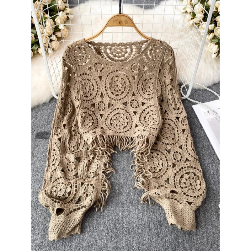 复古民族风圆领流苏钩花镂空蝙蝠袖短款套头针织衫罩衫女休闲上衣