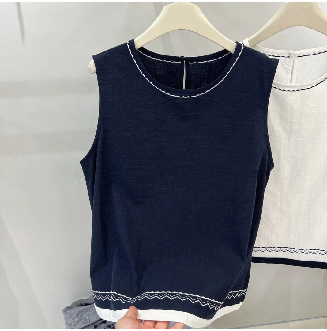 韩系圆领刺绣简约高级感背心无袖马甲衬衫女夏季小个子宽松小衫潮