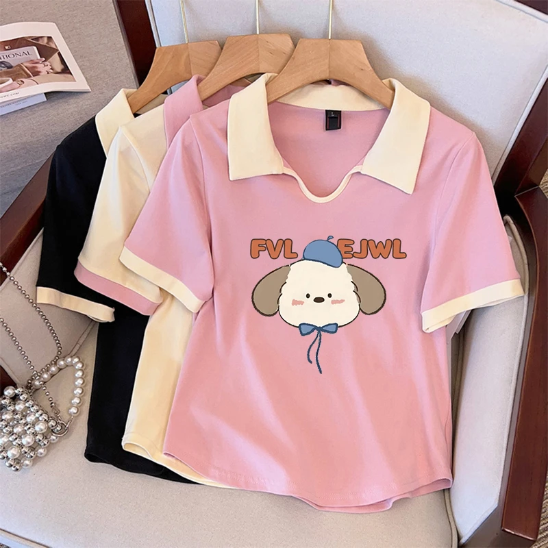 大码胖mm200斤港风chic卡通印花撞色polo衫女夏季显瘦减龄短袖t恤