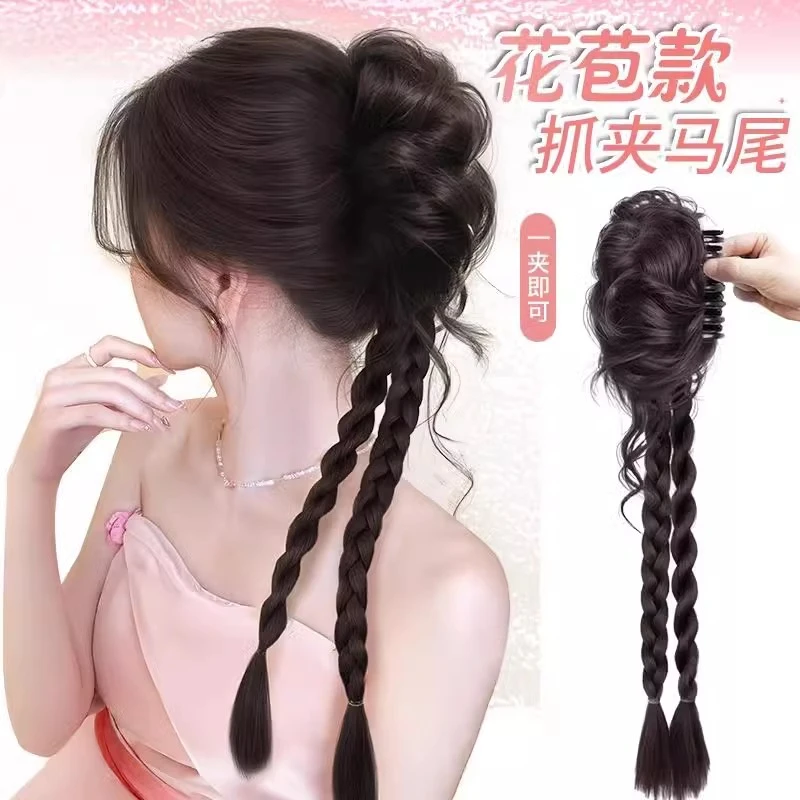 假发辫子女贵气千金长须花苞丸子头蓬松显发量抓夹高马尾扭扭马尾