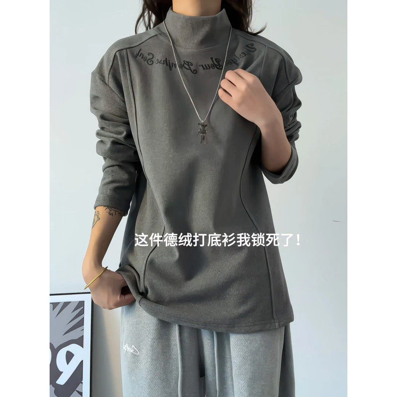 深灰色双面德绒打底衫男冬季内搭半高领加厚卫衣拼接印花长袖t恤