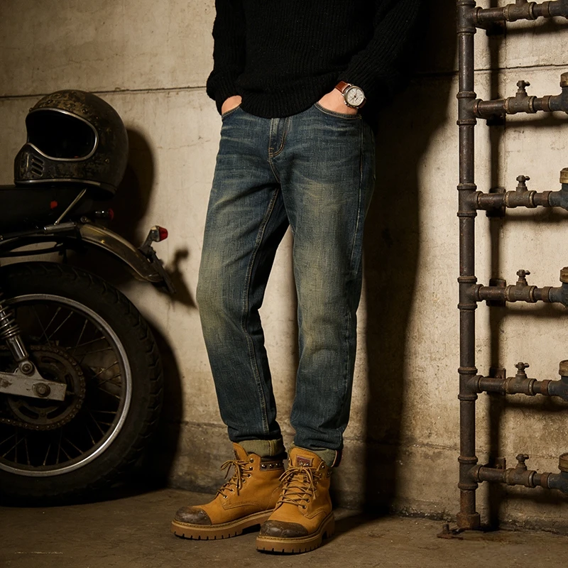 CH005美式复古赤耳弹力牛仔裤秋冬水洗百搭蓝色宽松休闲裤子直筒