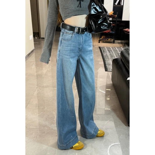 【7七柒同款】轻奢烫钻高腰直筒牛仔裤女显瘦显高百搭垂感牛仔裤女