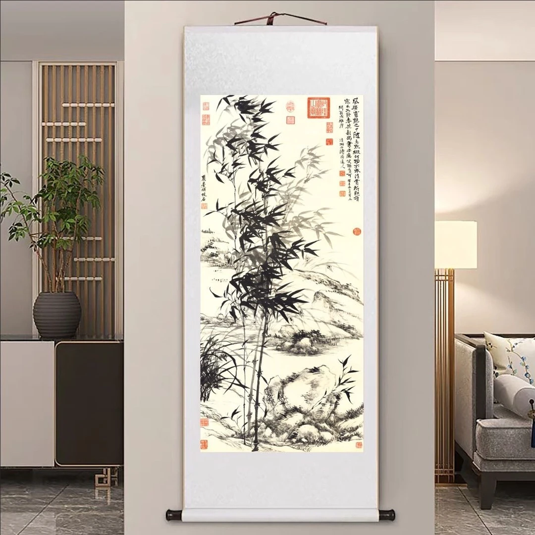 【墨竹图】竖幅兰花竹石图竹子玄关装饰画客厅过道卷抽挂画160