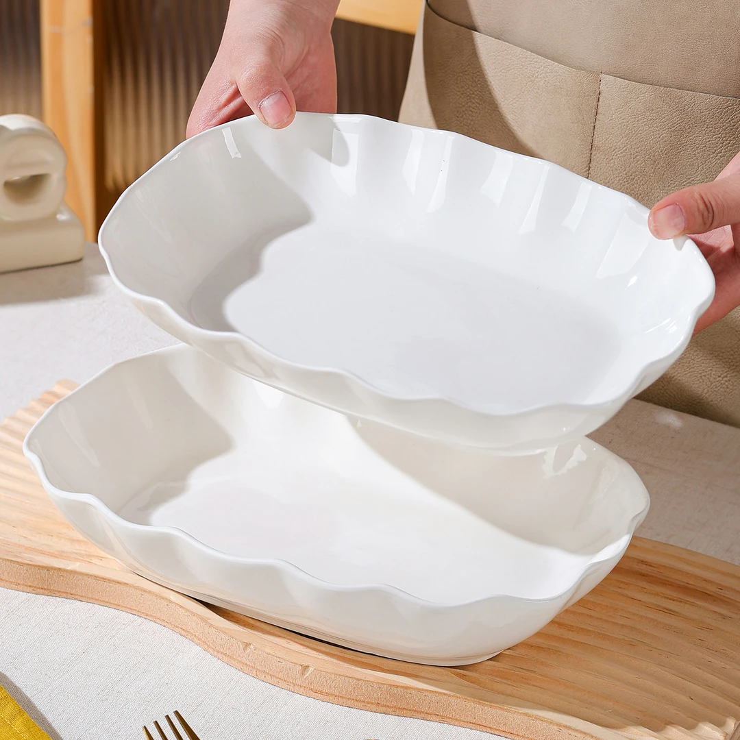 纯白10英寸沙拉荷叶花边鱼盘2只装多功能异形水果盘