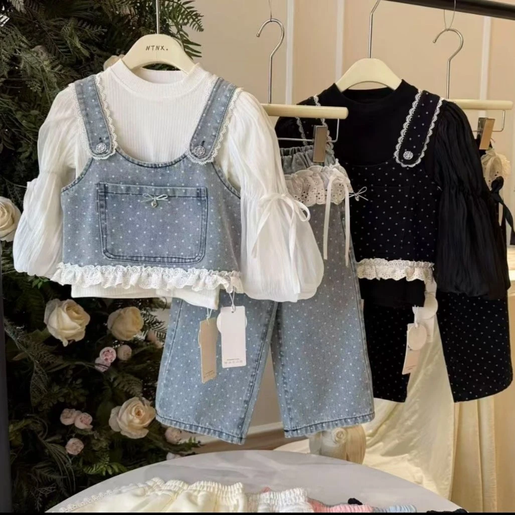 韩系童装25春季三件套新款女童套装儿童洋气宝宝甜美牛仔马甲春款