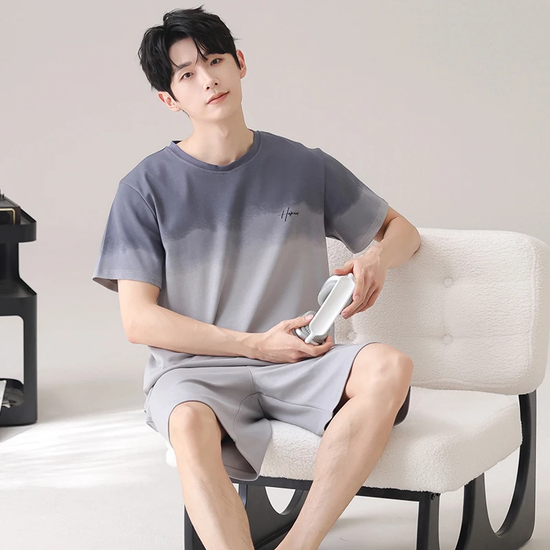 夏季睡衣男士新款纯棉短袖棉绸薄款夏天青少年学生家居服全棉套装