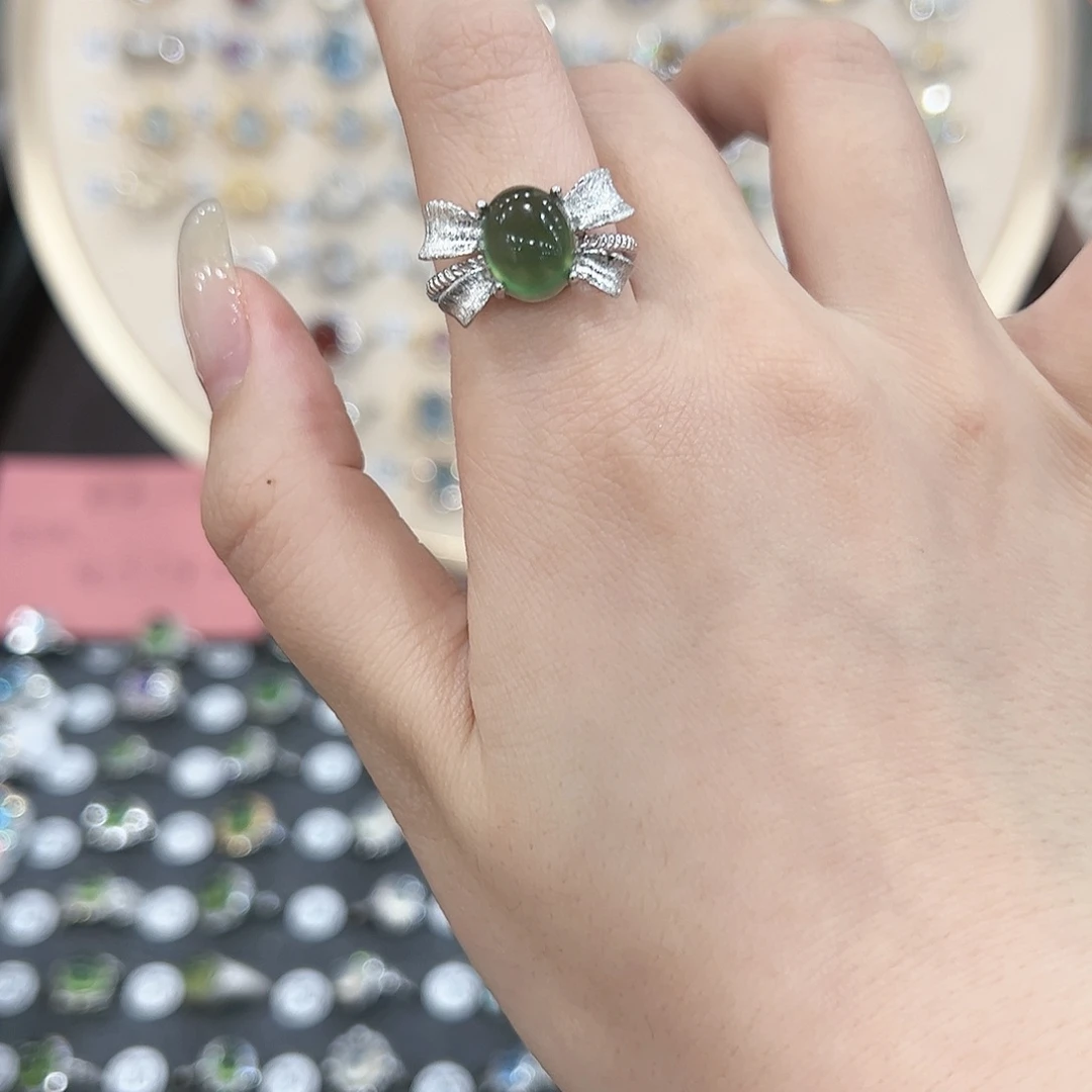 蛇纹石玉戒指银S925镶嵌.**?