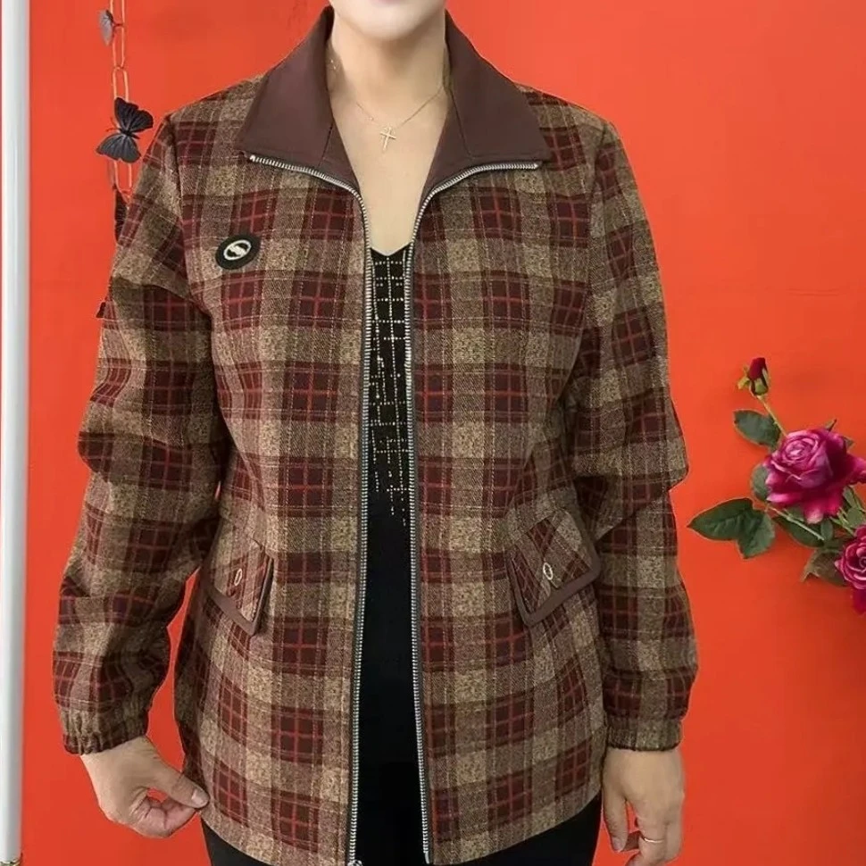 中老年春秋新款洋气格子拉链翻领女士外套6788