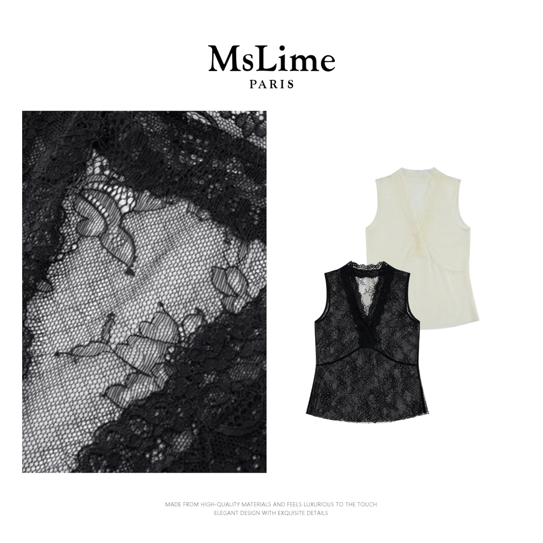 王嬛嬛MsLime25年春款 “薄纱蕾丝”进口棉舒适百搭背心 HC2D3066