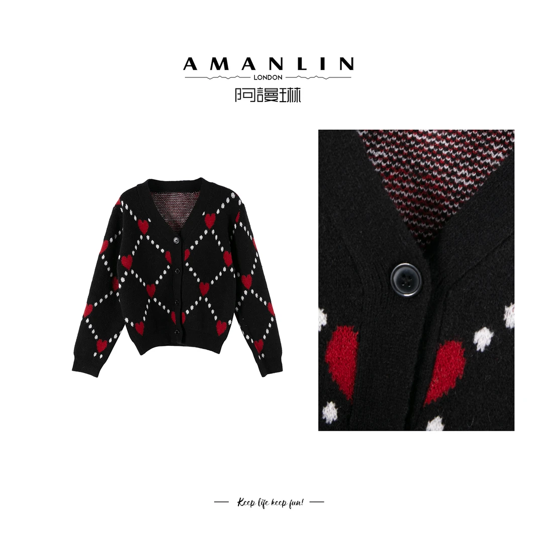 【AMANLIN】春季穿搭菱格爱心时尚法式女士针织开衫上衣F595358