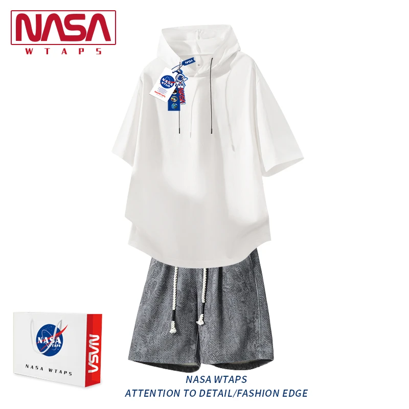 NASA WTAP潮牌连帽短袖套装男2025夏季凉感宽松两件套慵懒风男装