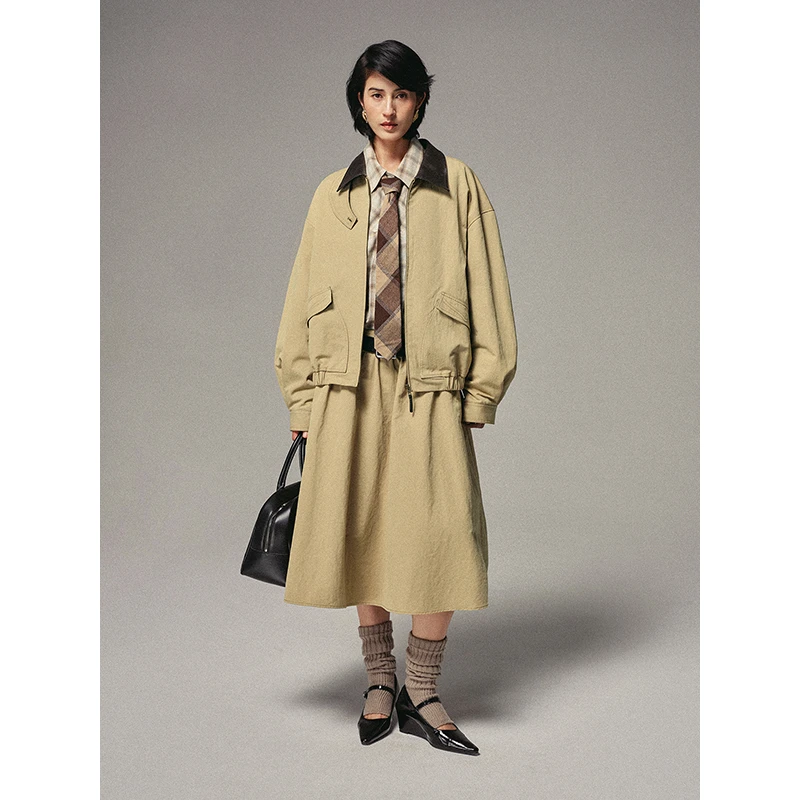 FLOWERSAYS：蒲包花 富有 巴恩风复古格纹拼接皮领夹克短外套