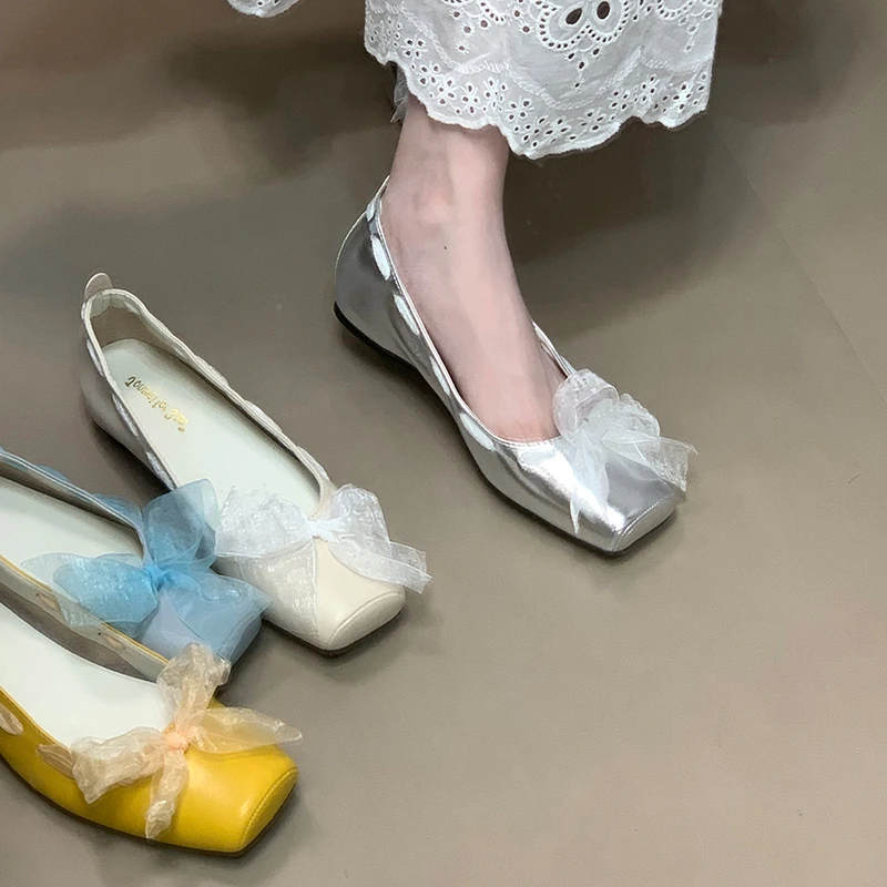 芭蕾舞鞋丝带蝴蝶结方头内增高玛丽珍鞋仙女气质单鞋