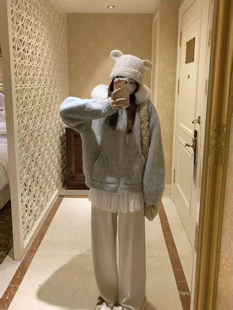 奶呼呼大毛领羊毛毛呢拉链连帽外套女保暖冬季新品