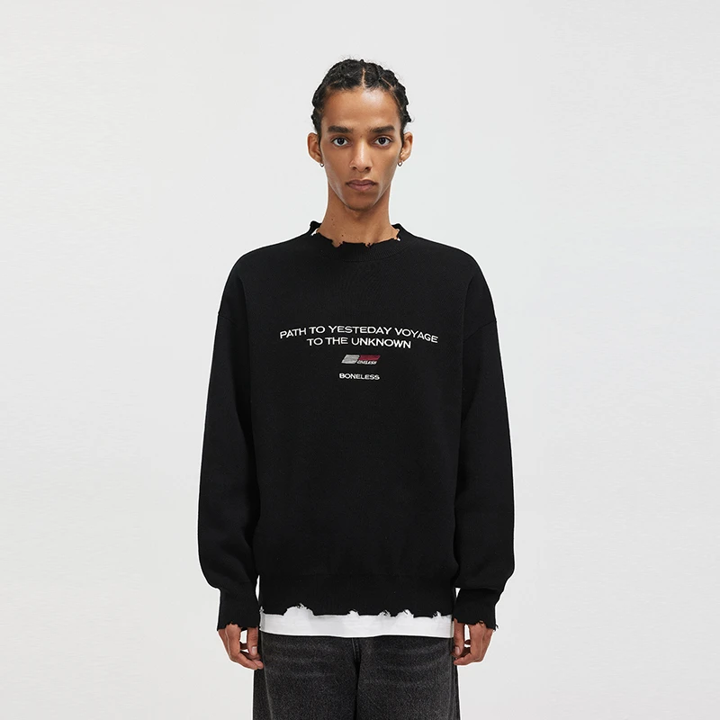 BONELESS标语刺绣手工破坏毛衣秋冬美式高街宽松纯棉针织打底衫男