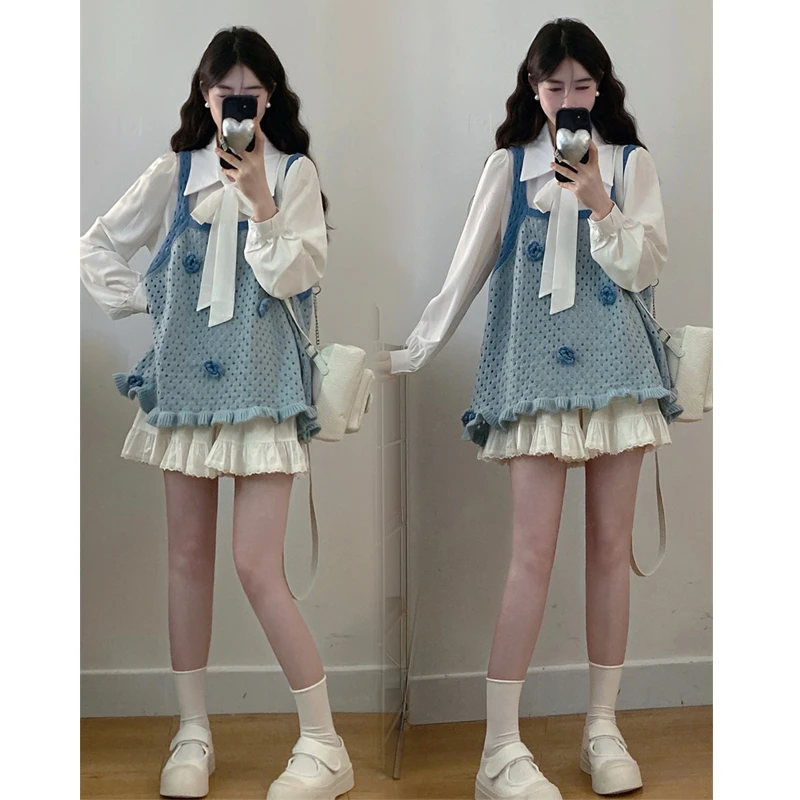 大码胖mm秋季新款设计感立体花朵针织背心马甲蝴蝶结衬衫两件套装