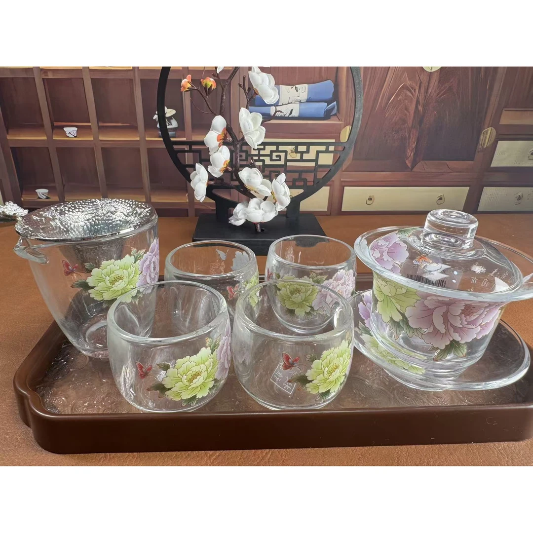双色牡丹花玻璃茶具套组带四杯茶漏公道杯茶盘1131精致手工家用