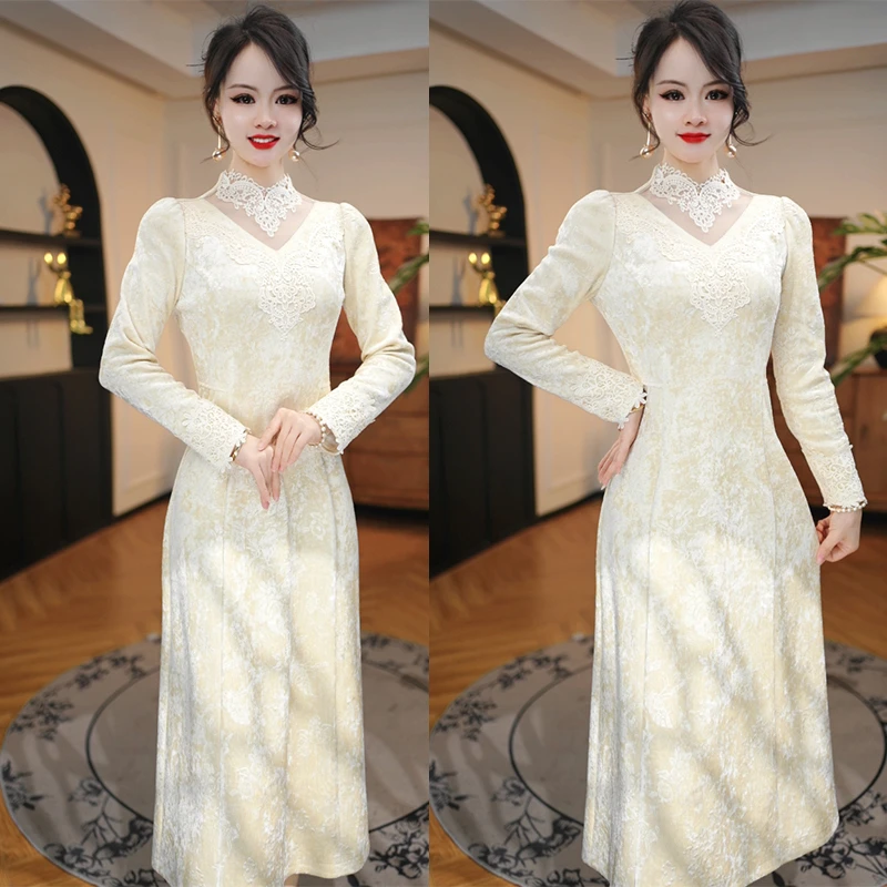 红人上新富贵色连衣裙冬2024年新中式收腰气质加绒加厚轻奢打底裙