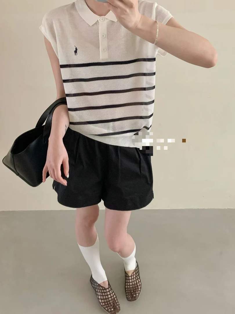 UM韩系小圆领条纹冰丝翻领短袖2025夏季新款