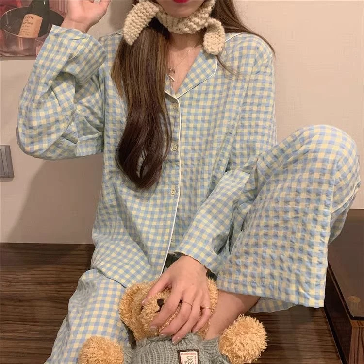 【黄绿格子】婴儿棉感泡泡纱布女睡衣2025新款春夏薄款开衫家居服