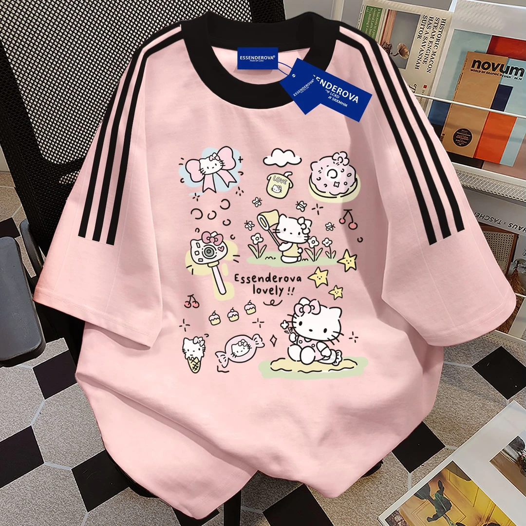 100%纯棉甜美清新三条杠圆领短袖t恤男女夏季宽松潮牌情侣上衣ins