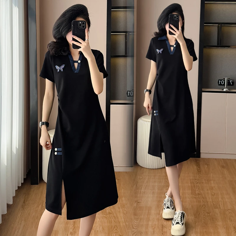 轻奢气质设计感洋气牛仔拼接连衣裙夏季大码遮肚子减龄显瘦T恤裙