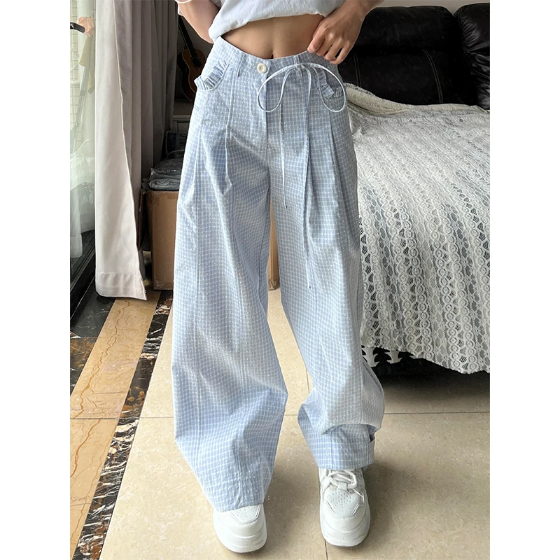 微胖mm复古蓝色格子蕾丝边休闲裤女春季新款设计感高腰显瘦阔腿裤