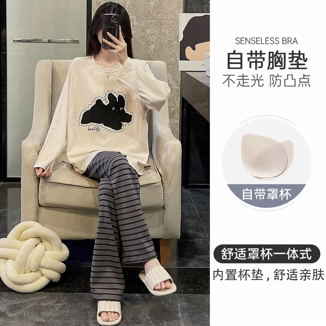 高级慵懒感女睡衣春秋季套装纯棉带胸垫保暖舒适休闲黑猫居家服