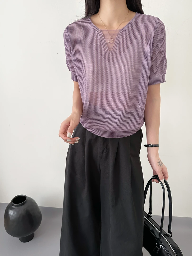 韩系简约气质流苏显瘦镂空100%莱赛尔针织衫短袖上衣女2055