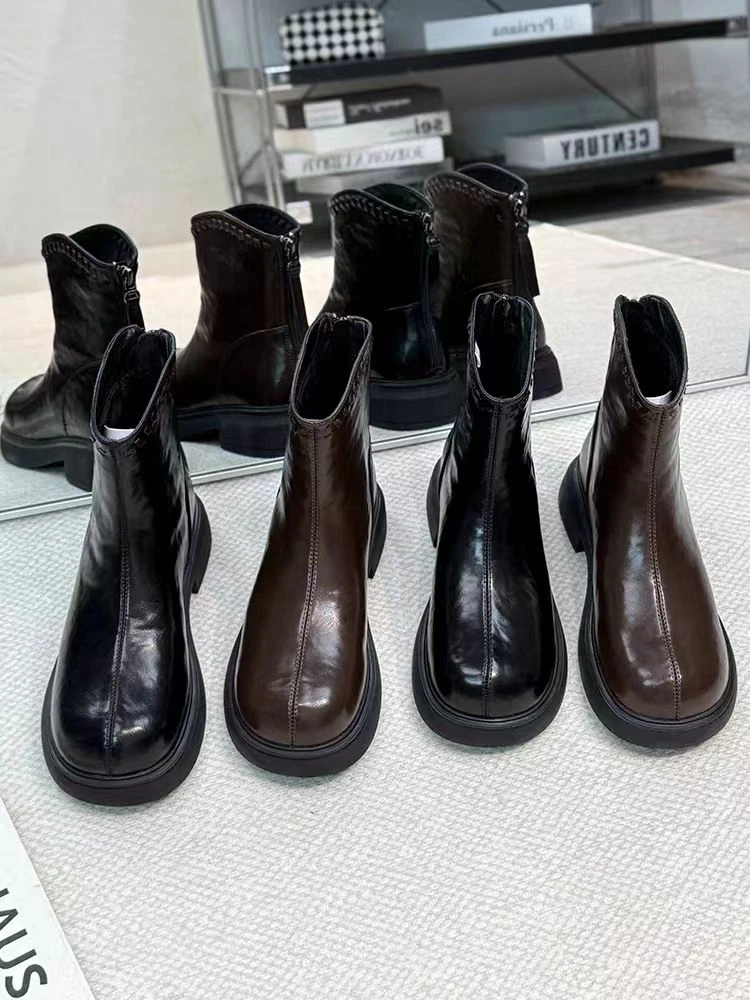 【5512】欧洲站英伦厚底炸街机车靴女一脚蹬新款秋冬时尚短靴真皮