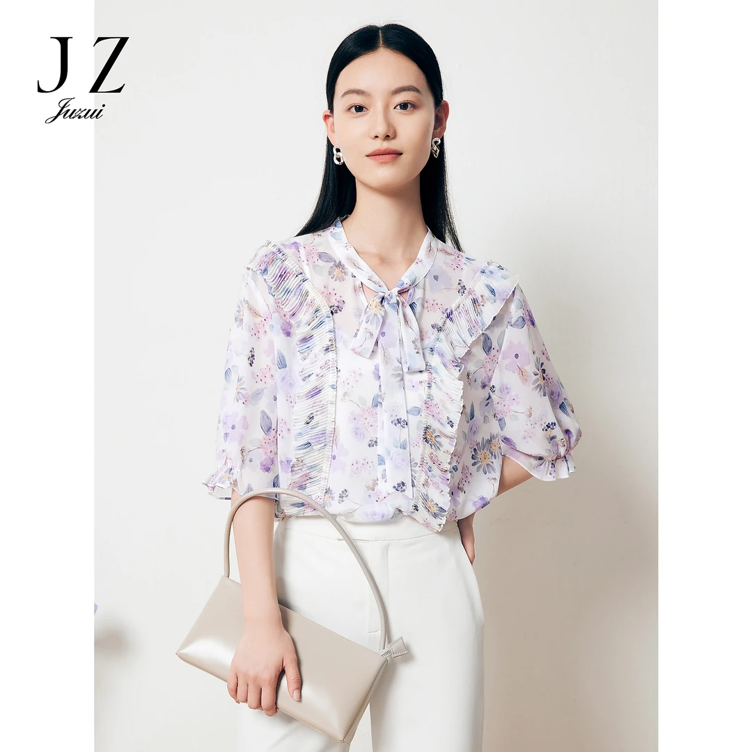 【安雅专属】JZ玖姿JTDX80342风粉紫色印花宽松雪纺一手长套头衫女