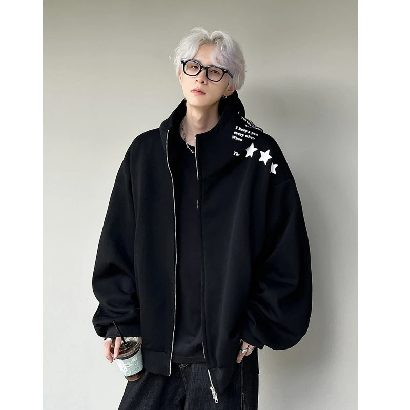 美式重磅430克字母星星印花连帽开衫卫衣男宽松情侣拉链帽衫外套