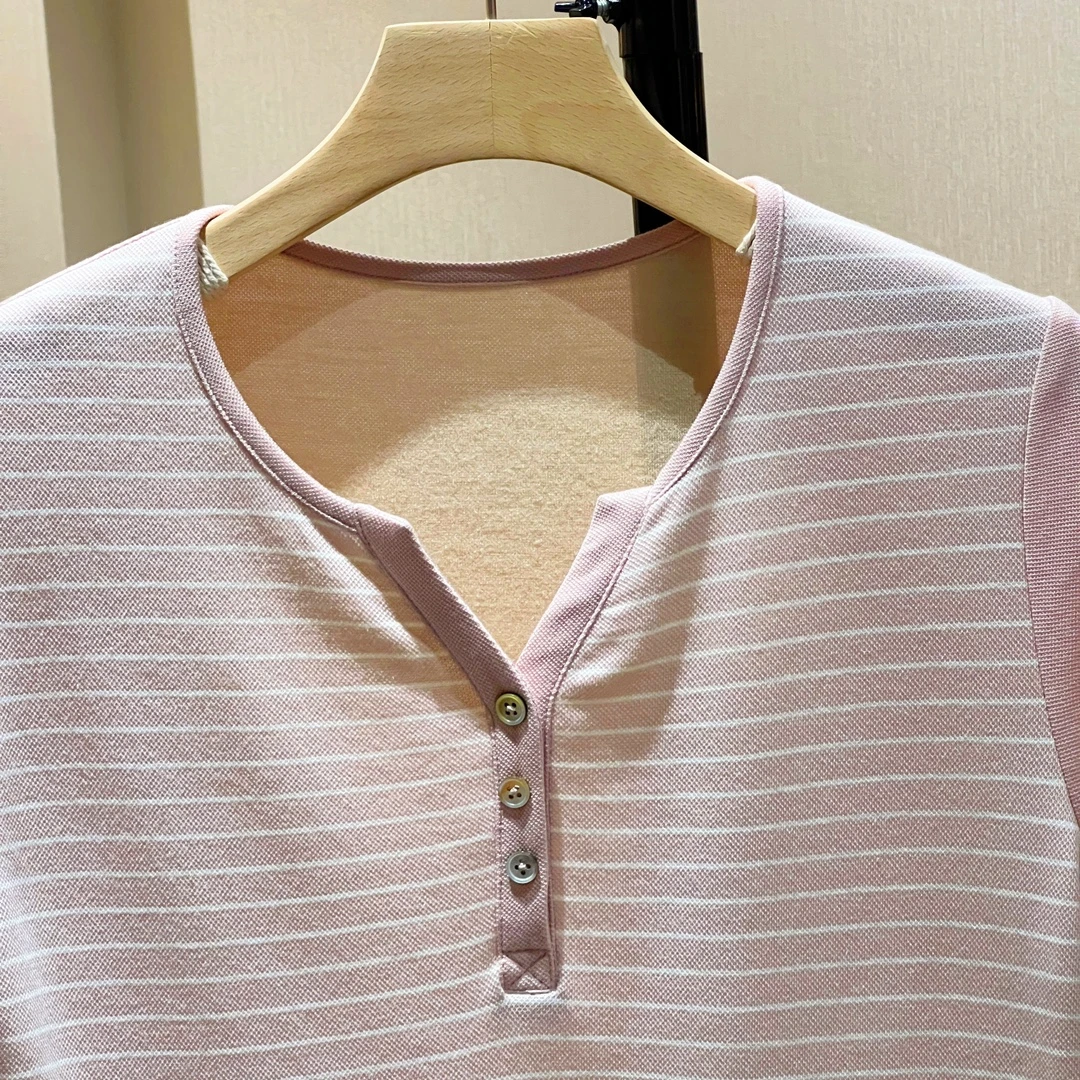 柞蚕丝【老钱风】V领短袖女士条纹减龄显瘦夏季百搭透气 C94019