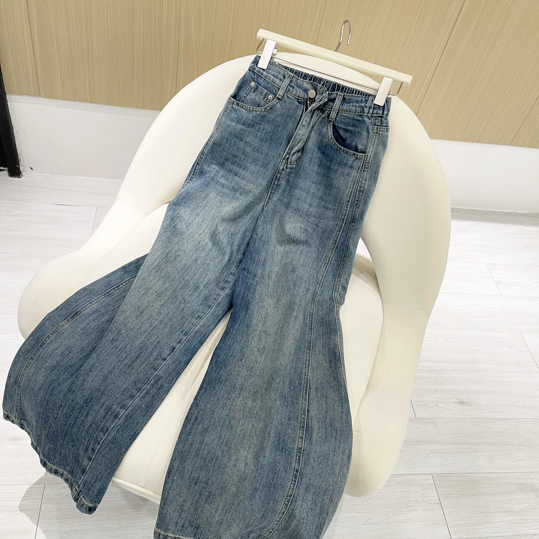 芊芊大码复古春季直筒拖地松紧腰牛仔裤显瘦高腰百搭【JQ70001】