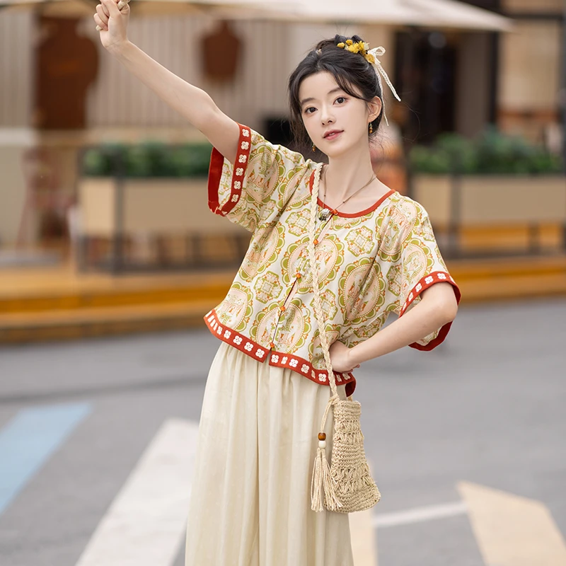 池夏【中国符号:庆元吉】对狮团窠坦领短衫灯笼裤敦煌复原汉服 夏