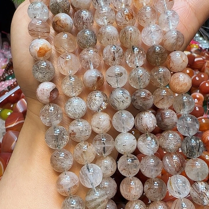 玛瑙/玉髓未镶嵌珠宝半成品10mm黑金超7水晶一条