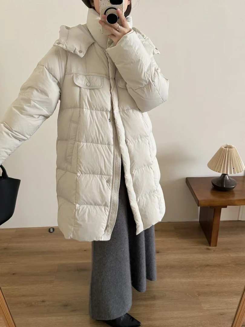 UM8137韩系方格中长款连帽羽绒服百搭2024冬季新款羽绒服