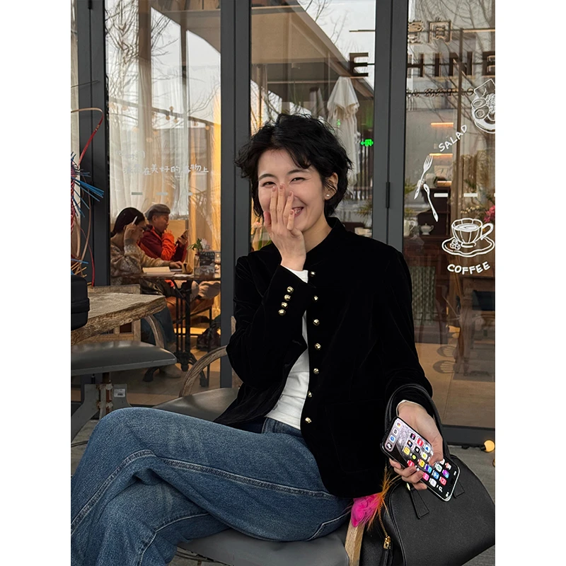 LANGQING 黑色丝绒小香风新中式国风时尚毛毛外套43754#