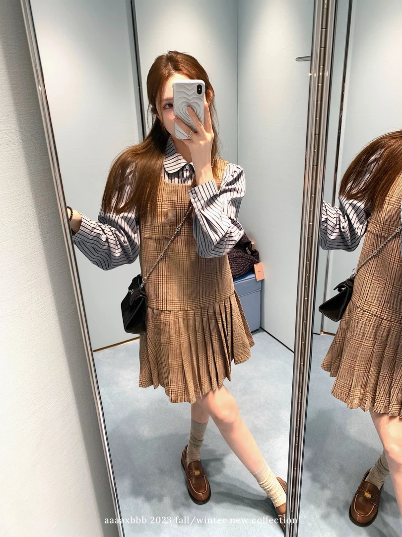 aaaaxbbb 塔塔的花店 格纹背心裙羊毛连衣裙百褶毛呢短裙-折扣
