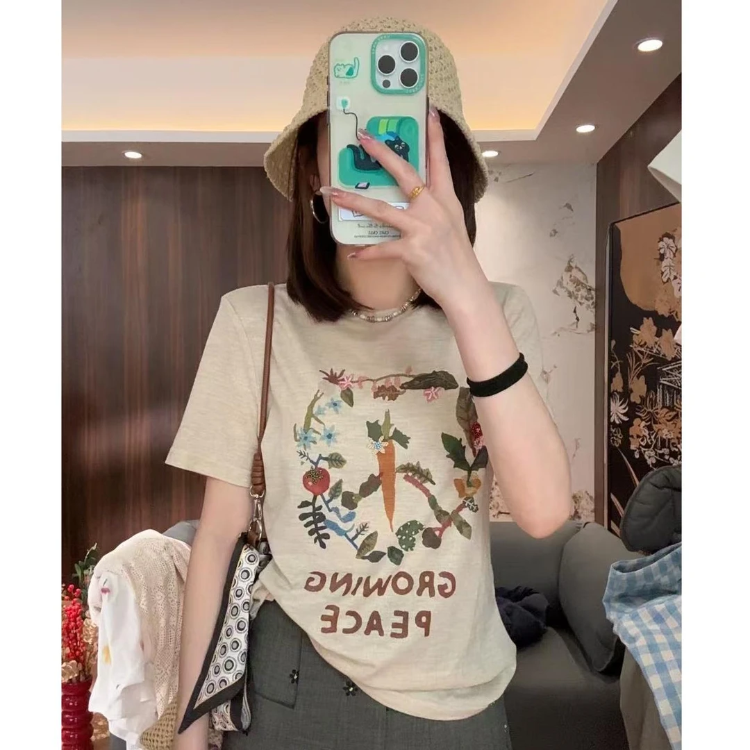 Not defined杏色休闲简约正肩印花短袖T恤女夏季宽松显瘦百搭上衣