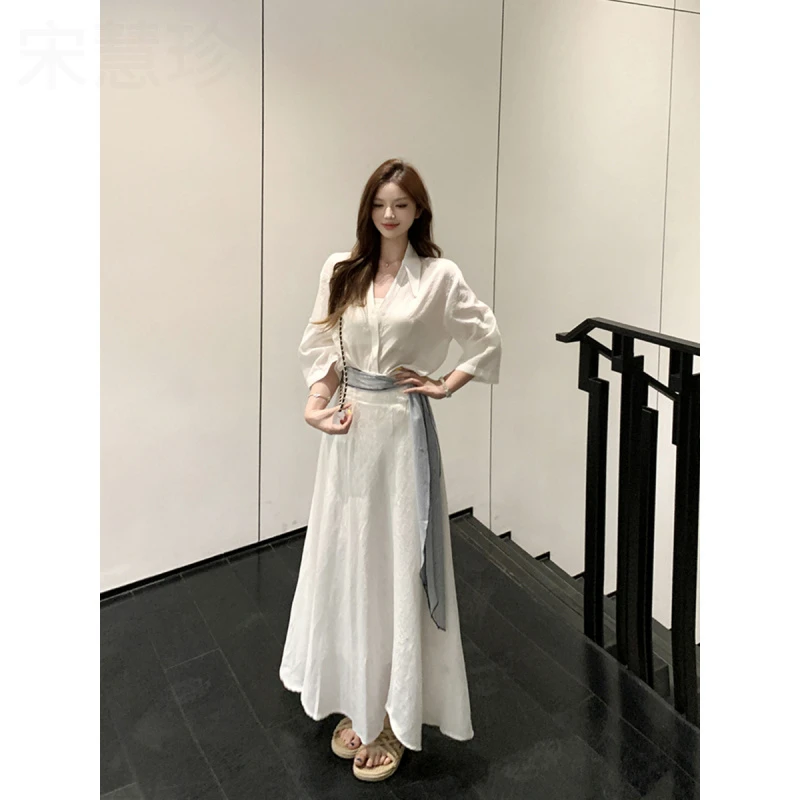 气质白色polo领短袖衬衫上衣女夏季时尚套装高腰半身裙长裙两件套